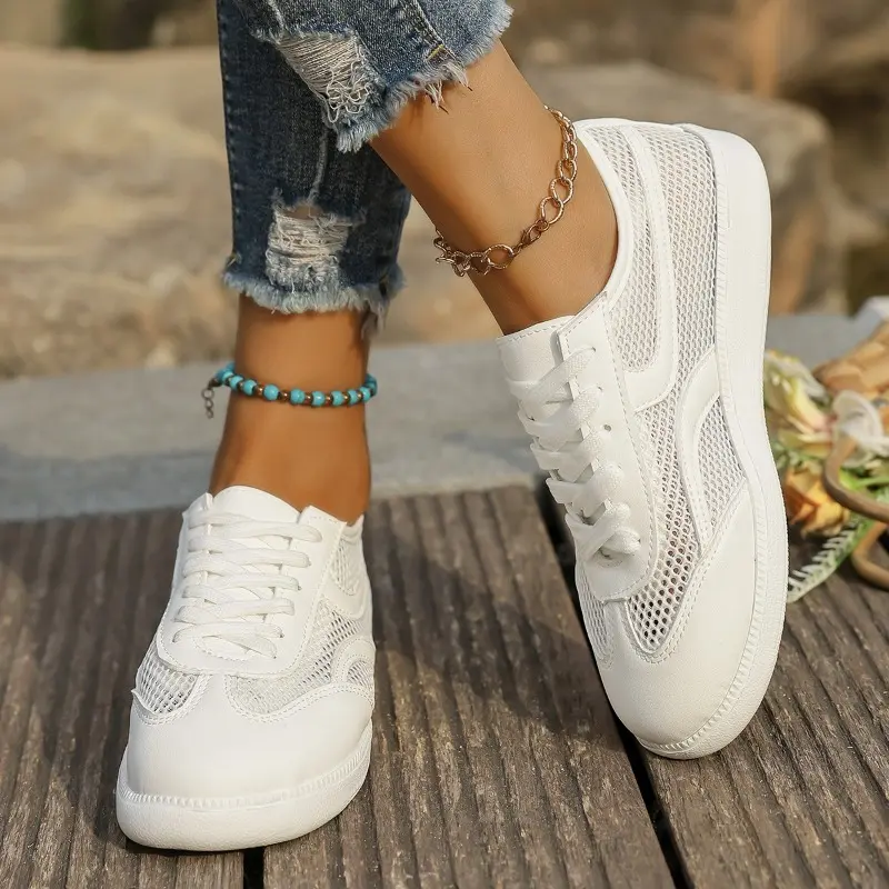 Fashion Sneakers Autumn New Round Toe Spliced Mesh Front Lace-Up Soft Sole Non-Slip Wear-Resistant Flat Single Shoes