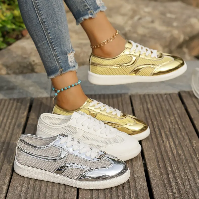 Fashion Sneakers Autumn New Round Toe Spliced Mesh Front Lace-Up Soft Sole Non-Slip Wear-Resistant Flat Single Shoes