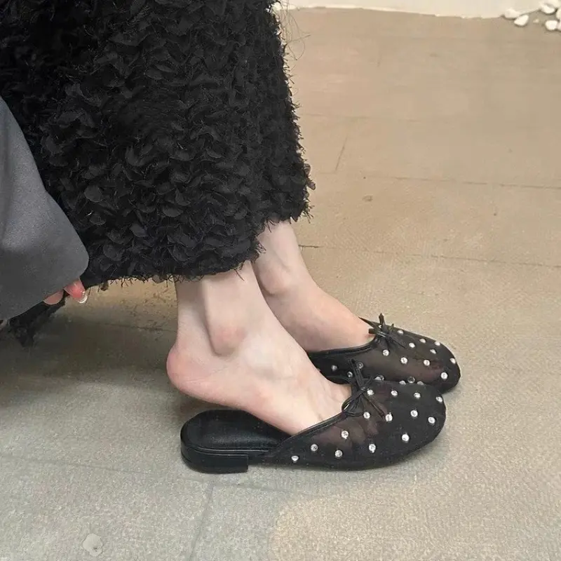 Spring New Baotou Slippers Women's Round Head Shallow Mouth Butterfly Knot Sequin Mesh Fabric Breathable Soft Soled Sandals