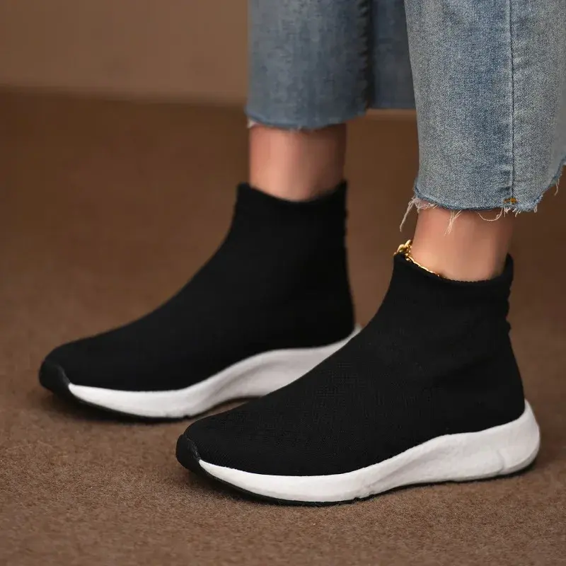 Women's Casual Sports Shoes Spring New Round Head Knitted Breathable Sleeve Soft Sole Non-slip Single Shoes
