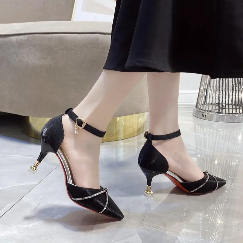 Red satin wedding shoes spring new pointy-headed rhinobason one-word buckle hollow women's single shoes stiletto heels