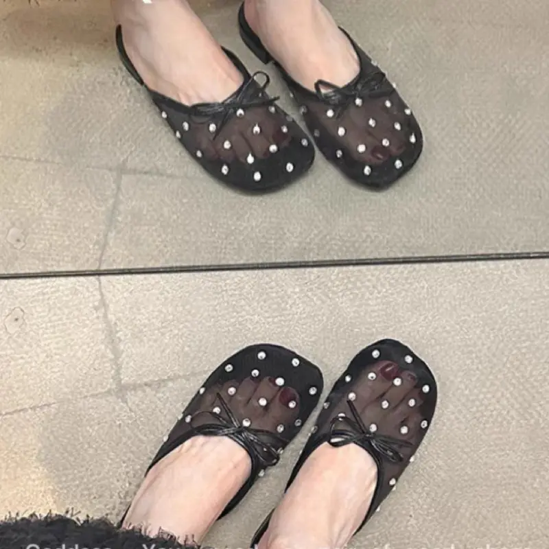 Spring New Baotou Slippers Women's Round Head Shallow Mouth Butterfly Knot Sequin Mesh Fabric Breathable Soft Soled Sandals