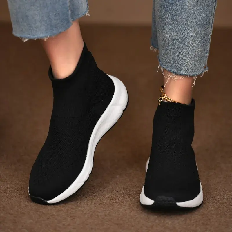 Women's Casual Sports Shoes Spring New Round Head Knitted Breathable Sleeve Soft Sole Non-slip Single Shoes