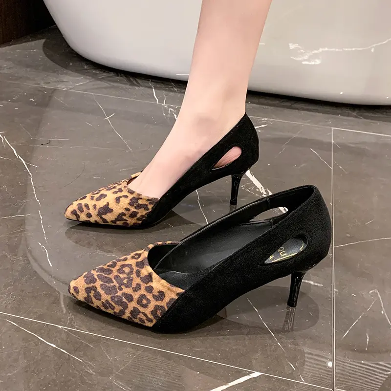 Women's Fashion Thin Heel Shoes Pointed Shallow Mouth Suede Splicing Anti-slip Wear-resistant High Heels