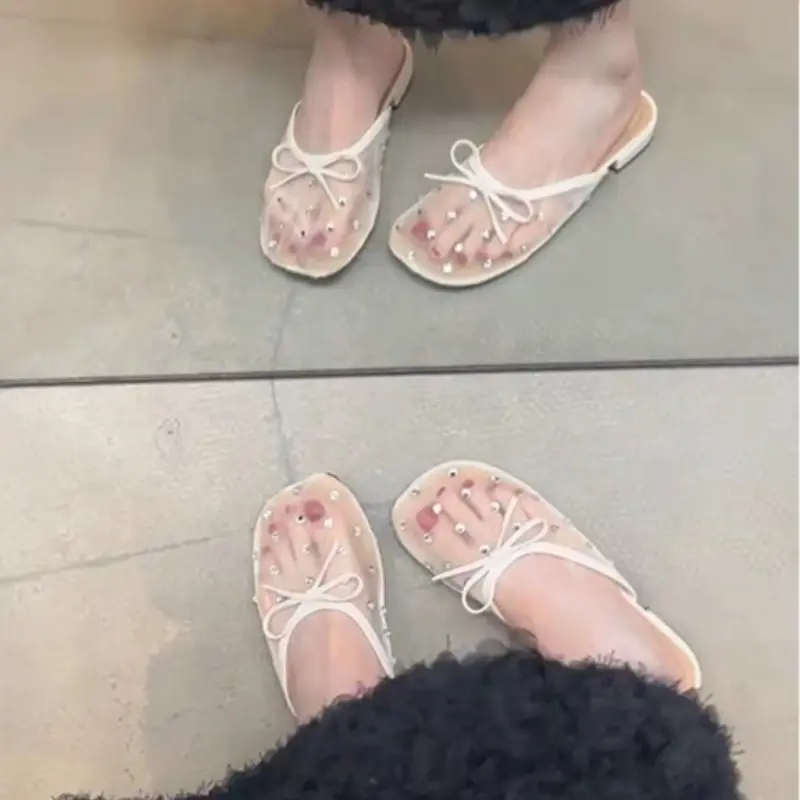 Spring New Baotou Slippers Women's Round Head Shallow Mouth Butterfly Knot Sequin Mesh Fabric Breathable Soft Soled Sandals