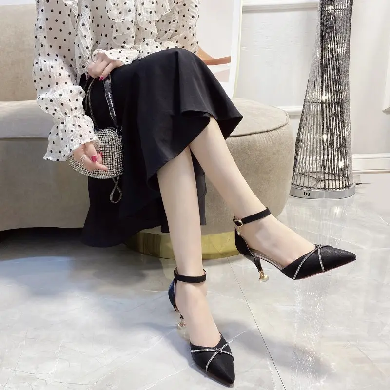 Red satin wedding shoes spring new pointy-headed rhinobason one-word buckle hollow women's single shoes stiletto heels