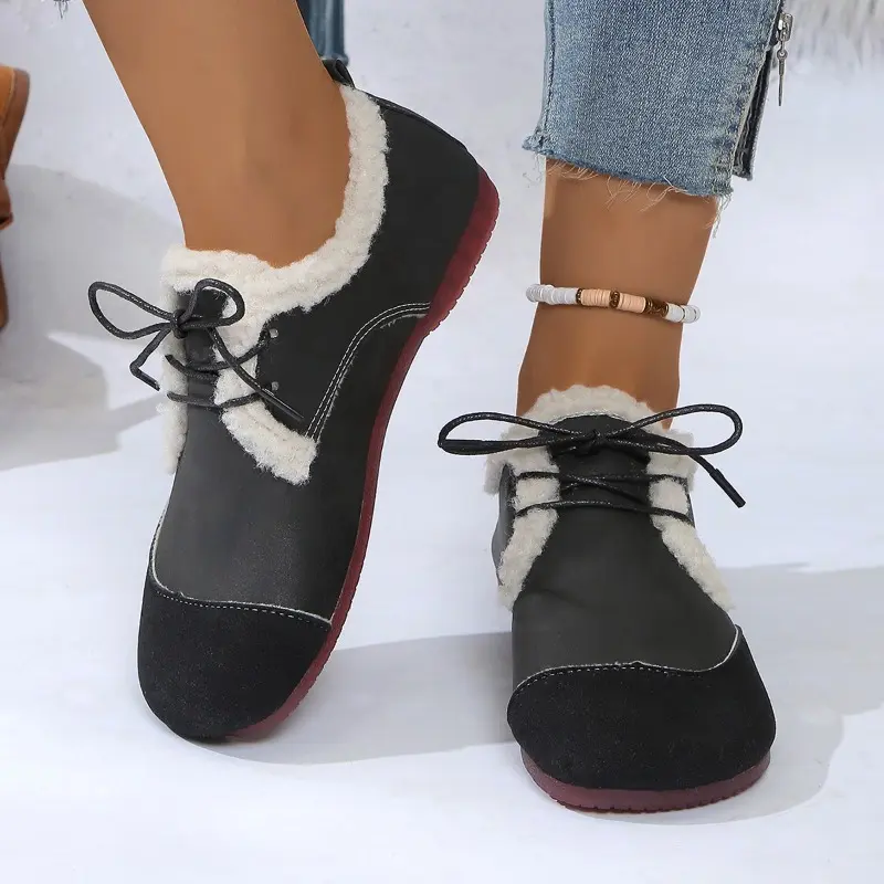 Women's Flat Shoes Winter New Round Head Deep Mouth Before Lacing Suede Soft Sole Anti-slip Wear-resistant Cotton Shoes