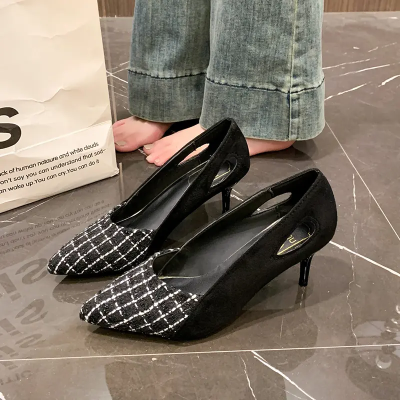 Women's Fashion Thin Heel Shoes Pointed Shallow Mouth Suede Splicing Anti-slip Wear-resistant High Heels