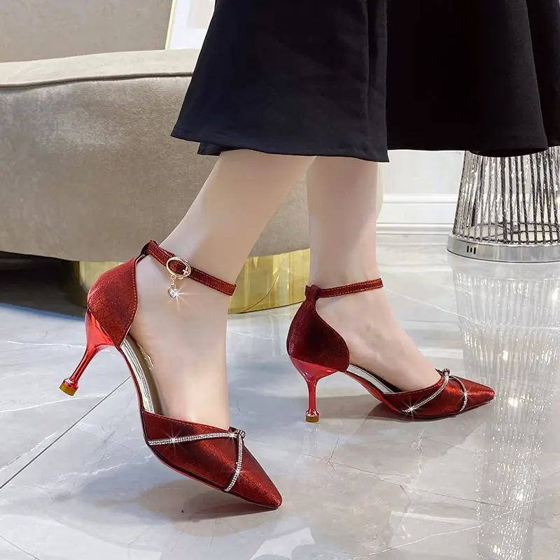 Red satin wedding shoes spring new pointy-headed rhinobason one-word buckle hollow women's single shoes stiletto heels