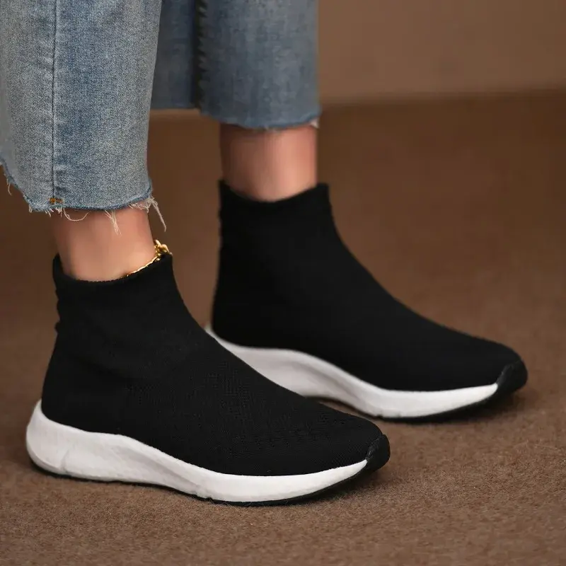 Women's Casual Sports Shoes Spring New Round Head Knitted Breathable Sleeve Soft Sole Non-slip Single Shoes