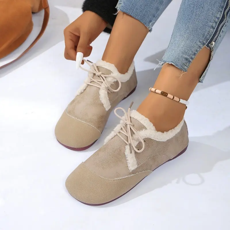 Women's Flat Shoes Winter New Round Head Deep Mouth Before Lacing Suede Soft Sole Anti-slip Wear-resistant Cotton Shoes