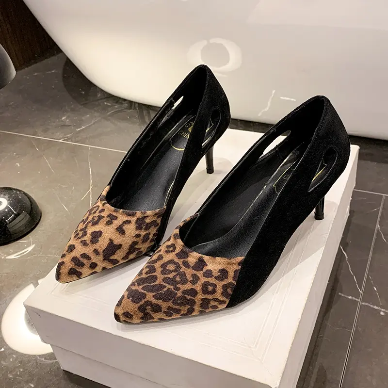 Women's Fashion Thin Heel Shoes Pointed Shallow Mouth Suede Splicing Anti-slip Wear-resistant High Heels