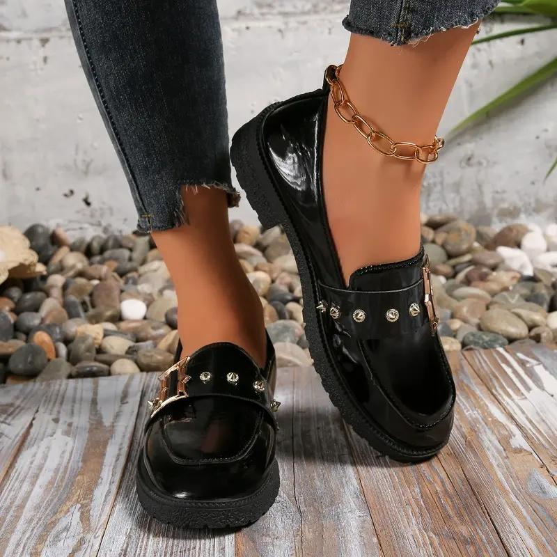 Platform Single Shoes Autumn New Round Toe Deep Mouth Rhinestone Metal Button Soft Sole Non-slip Block Heel Shoes