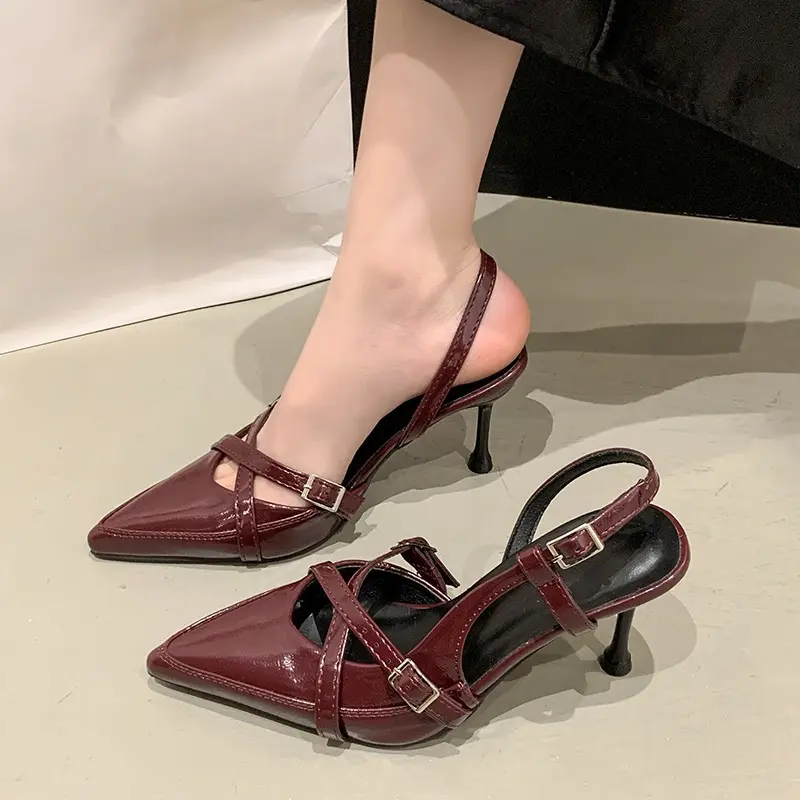 Summer Stiletto Sandals Women's Fashion Pointed Toe Shallow Mouth Metal Belt Buckle Line Strap Non-slip Heels