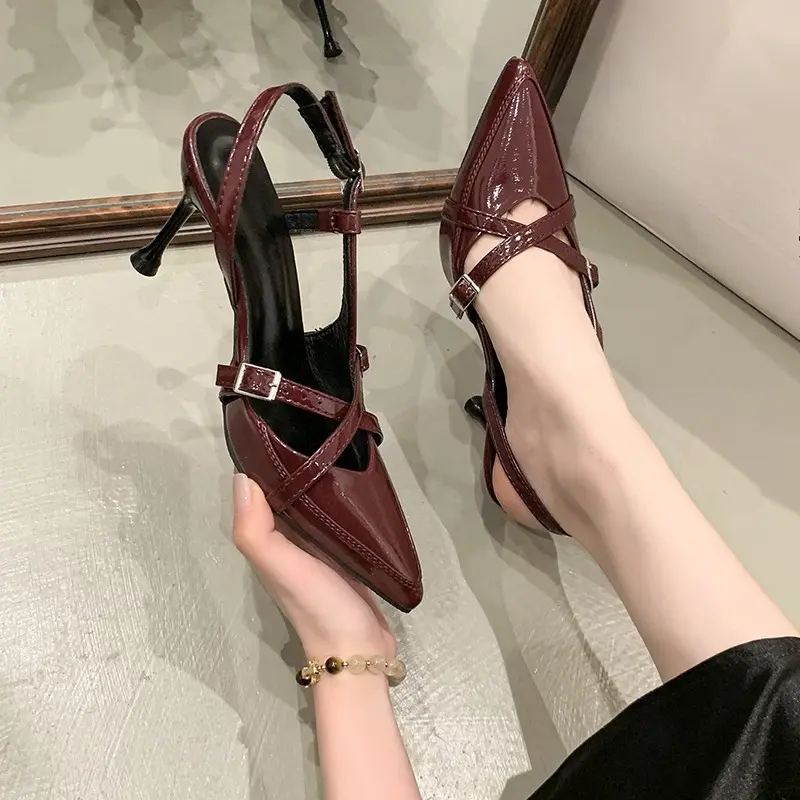 Summer Stiletto Sandals Women's Fashion Pointed Toe Shallow Mouth Metal Belt Buckle Line Strap Non-slip Heels