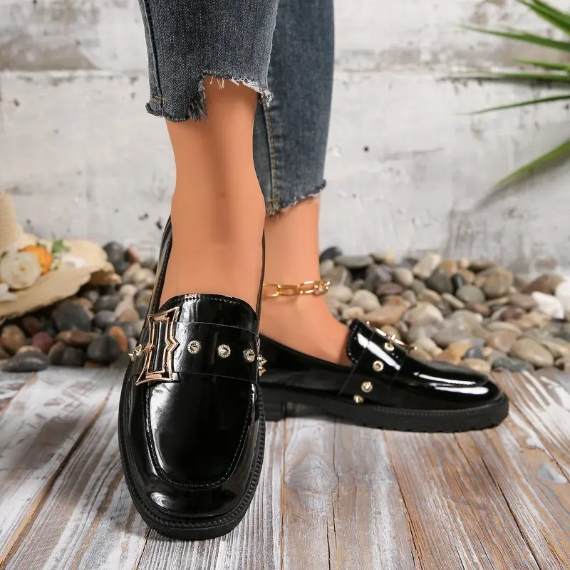 Platform Single Shoes Autumn New Round Toe Deep Mouth Rhinestone Metal Button Soft Sole Non-slip Block Heel Shoes