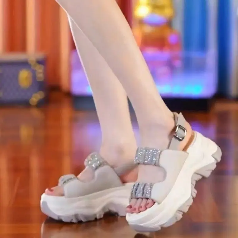 Women's Fashion Platform Sandals Summer New Style Round Head Sequin Soft Waterproof Platform Soles Non-slip Heels