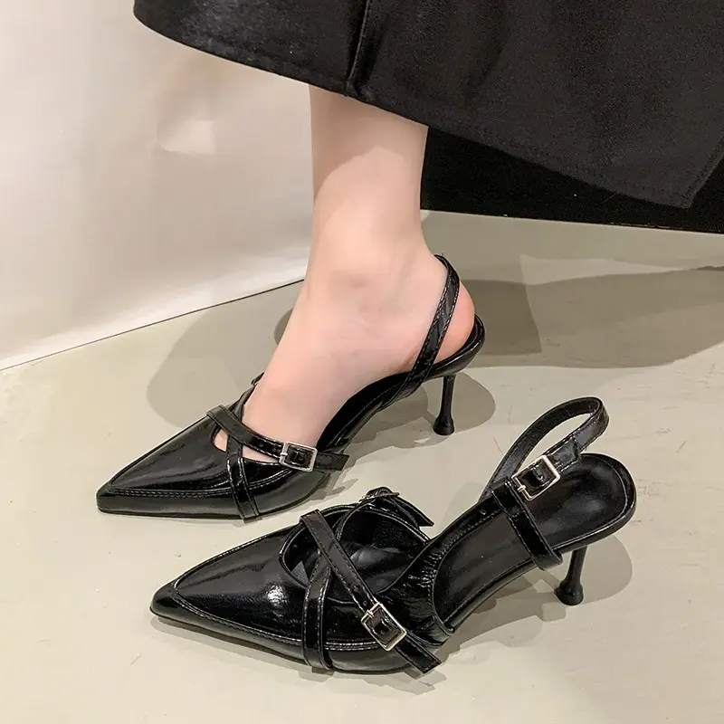 Summer Stiletto Sandals Women's Fashion Pointed Toe Shallow Mouth Metal Belt Buckle Line Strap Non-slip Heels