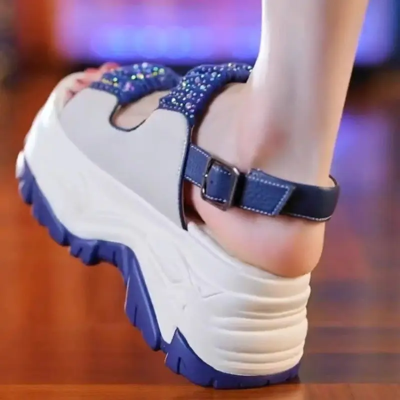 Women's Fashion Platform Sandals Summer New Style Round Head Sequin Soft Waterproof Platform Soles Non-slip Heels