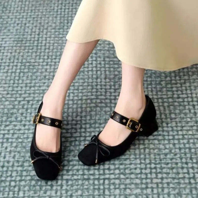 Women's Fashion Thick Heel Shoes Spring Square Head Shallow Mouth Suede Butterfly Knot Anti-slip Wear-resistant High Heels