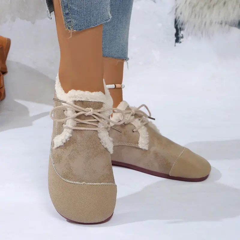Women's Flat Shoes Winter New Round Head Deep Mouth Before Lacing Suede Soft Sole Anti-slip Wear-resistant Cotton Shoes