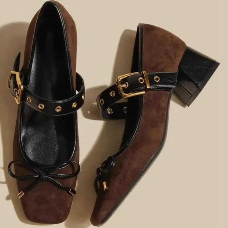 Women's Fashion Thick Heel Shoes Spring Square Head Shallow Mouth Suede Butterfly Knot Anti-slip Wear-resistant High Heels