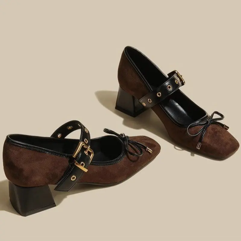 Women's Fashion Thick Heel Shoes Spring Square Head Shallow Mouth Suede Butterfly Knot Anti-slip Wear-resistant High Heels