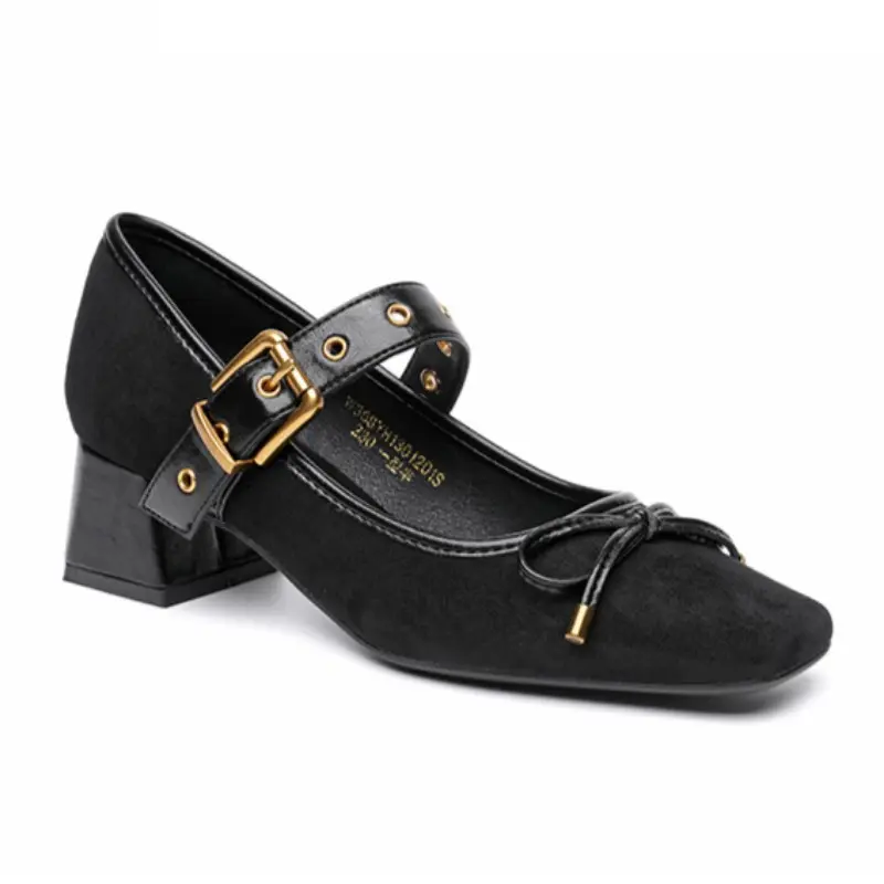 Women's Fashion Thick Heel Shoes Spring Square Head Shallow Mouth Suede Butterfly Knot Anti-slip Wear-resistant High Heels