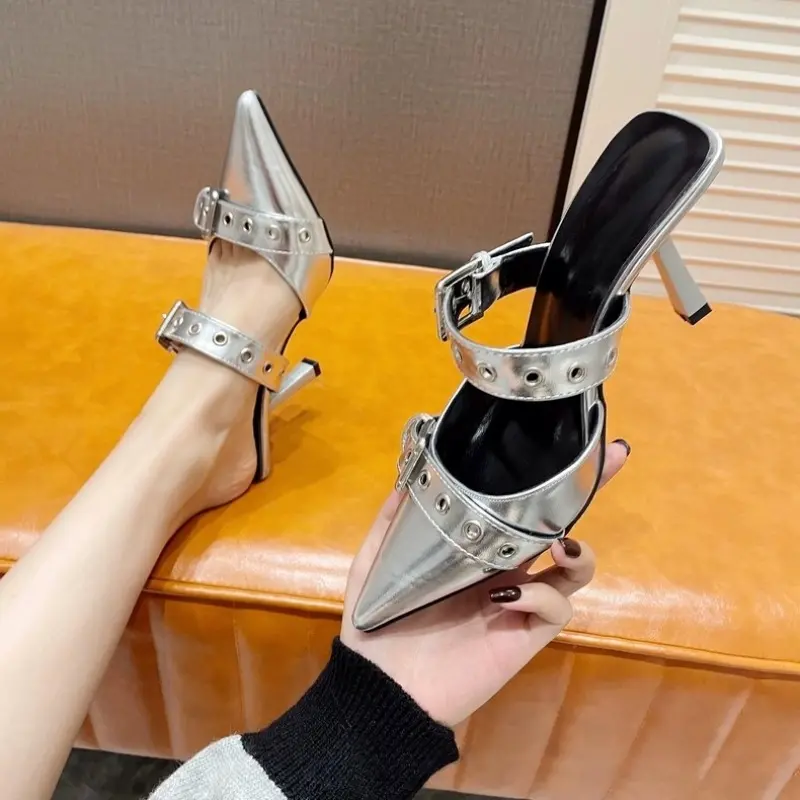 Fine Heel Sandals Spring New Pointed Head Shallow Mouth Rivet Metal Buckle Set Foot Non-slip High Heel Slippers