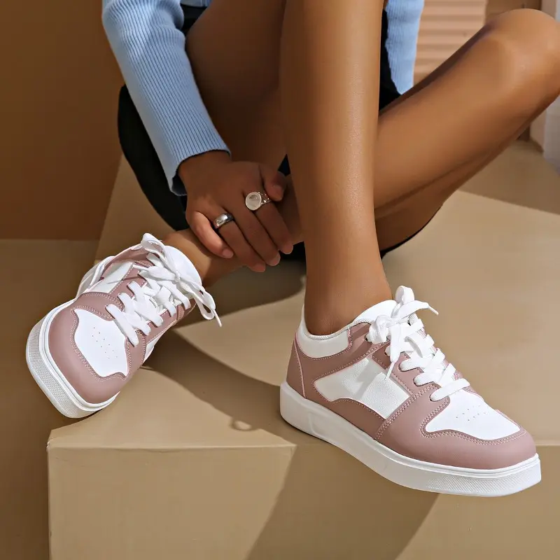 Women's Casual Sports Shoes Autumn New Round Head Front Lacing Splicing Anti-slip Wear-resistant Flat Shoes