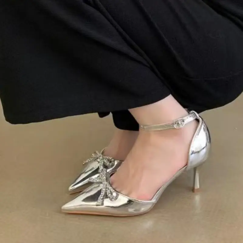 Women's Stiletto Sandals Spring New Pointy Head Shallow Mouth Rhinestone Butterfly Knot Anti-slip Wear-resistant High Heels