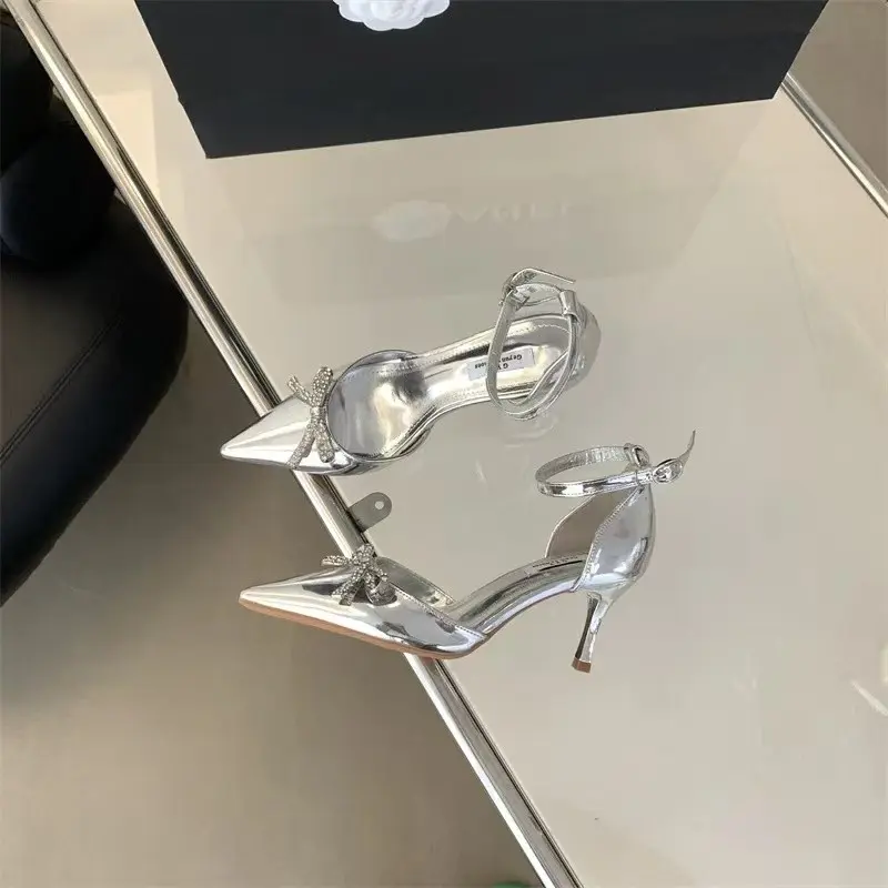 Women's Stiletto Sandals Spring New Pointy Head Shallow Mouth Rhinestone Butterfly Knot Anti-slip Wear-resistant High Heels
