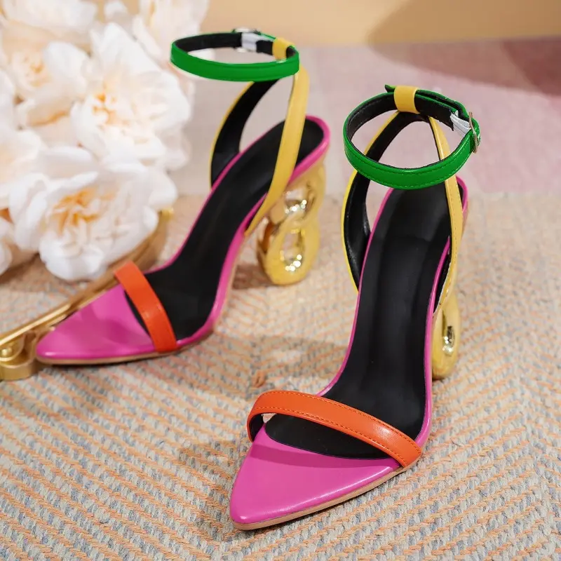 High Heel Sandals Summer New Pointy Metal Buckle A Line with Anti-slip Wear-resistant Special-shaped Women's Shoes
