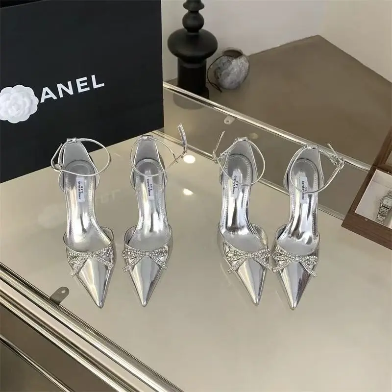 Women's Stiletto Sandals Spring New Pointy Head Shallow Mouth Rhinestone Butterfly Knot Anti-slip Wear-resistant High Heels