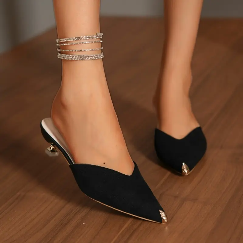 New Baotou Semi-slippers Women's Summer Fashion Wear Metal Pointed Toe Shallow Suede Non-slip Stiletto High Heels