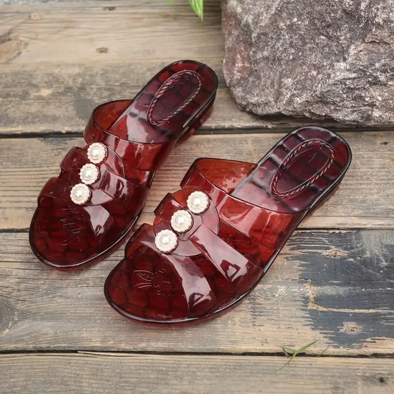 Summer Cool Drag Women's Fashion Round Toe Open Toe Hollow Home Non-slip Wear-resistant Soft Sole Kitten Heel Shoes