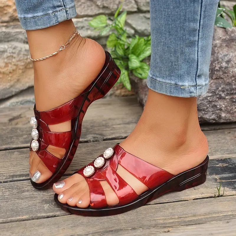 Summer Cool Drag Women's Fashion Round Toe Open Toe Hollow Home Non-slip Wear-resistant Soft Sole Kitten Heel Shoes