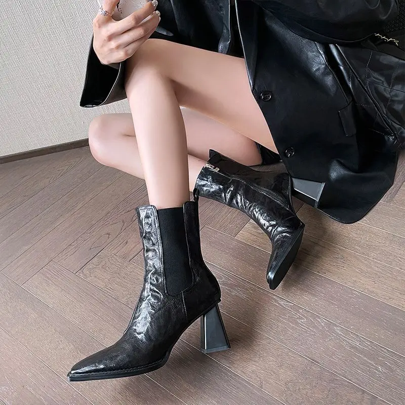 Side Zip Block Heel Single Boots Women's Autumn Square Toe Anti-Slip Wear-Resistant Block Heel Short Boots