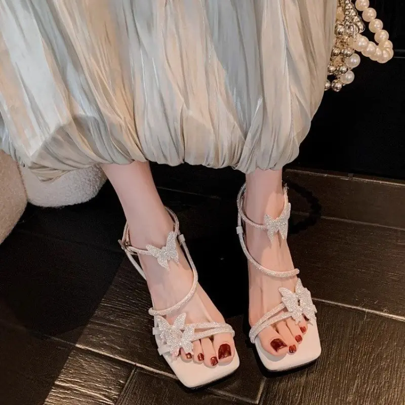 Fashion Crystal Butterfly Knot Stiletto Sandals Summer New Square Head Open Toe Stiletto Set Foot Non-slip High Heels