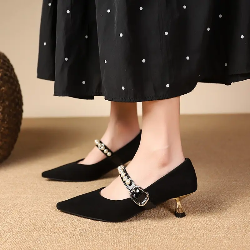 Women's Slim Heel Shoes Spring New Point Shallow Mouth Suede Beaded Metal Buckle Non-slip High Heels