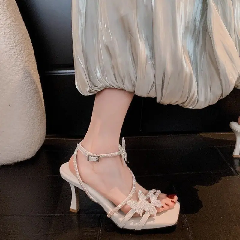 Fashion Crystal Butterfly Knot Stiletto Sandals Summer New Square Head Open Toe Stiletto Set Foot Non-slip High Heels