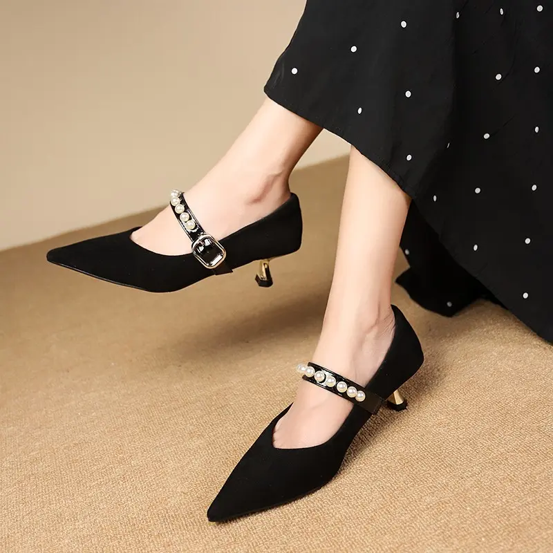Women's Slim Heel Shoes Spring New Point Shallow Mouth Suede Beaded Metal Buckle Non-slip High Heels