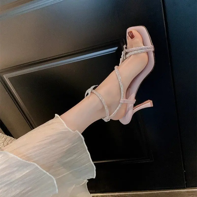 Fashion Crystal Butterfly Knot Stiletto Sandals Summer New Square Head Open Toe Stiletto Set Foot Non-slip High Heels