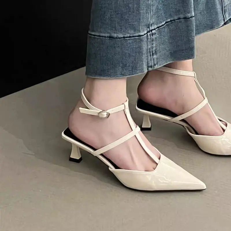 Slim Strap High Heels Women's Pointed Toe Shallow Mouth Hollow Patent Leather One Buckle Strap Wrapped Stiletto Sandals
