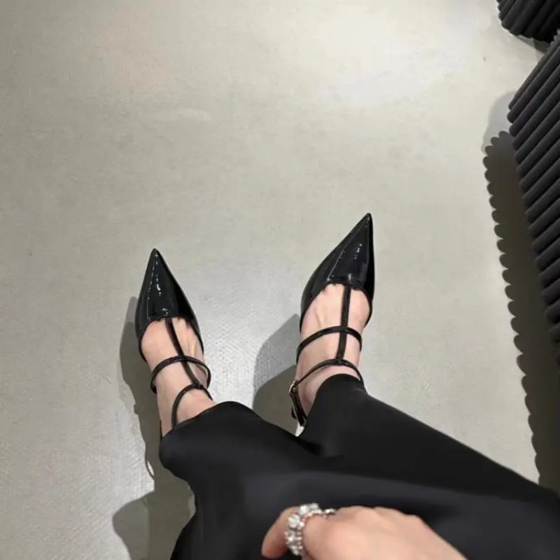 Slim Strap High Heels Women's Pointed Toe Shallow Mouth Hollow Patent Leather One Buckle Strap Wrapped Stiletto Sandals