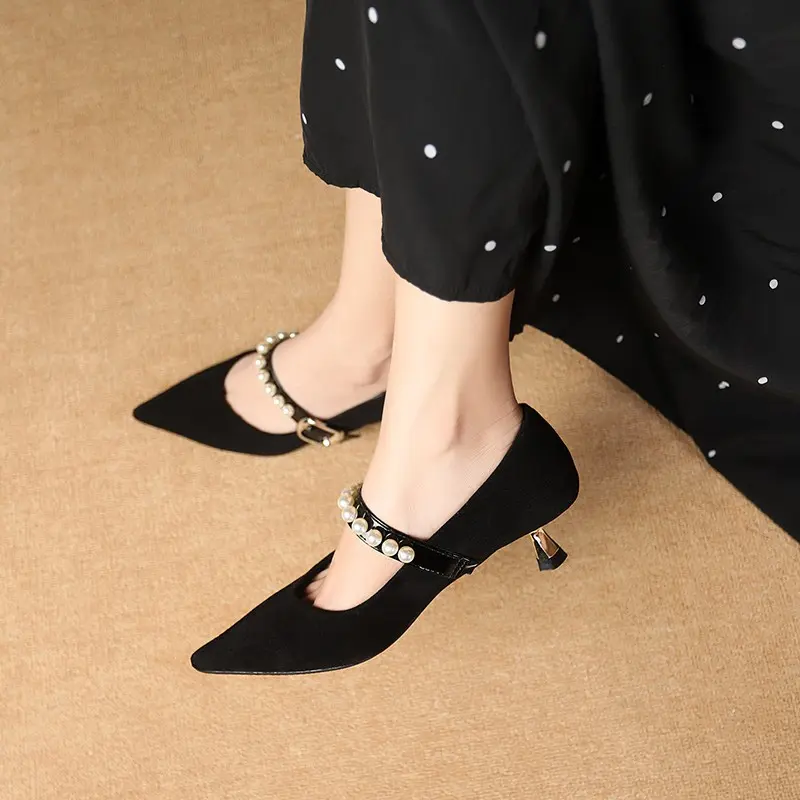Women's Slim Heel Shoes Spring New Point Shallow Mouth Suede Beaded Metal Buckle Non-slip High Heels