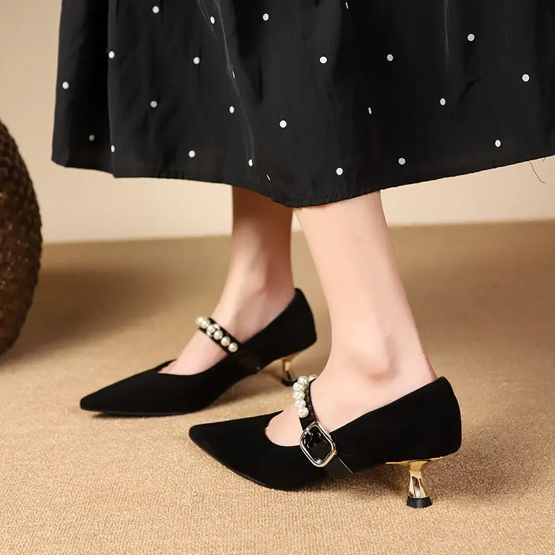 Women's Slim Heel Shoes Spring New Point Shallow Mouth Suede Beaded Metal Buckle Non-slip High Heels