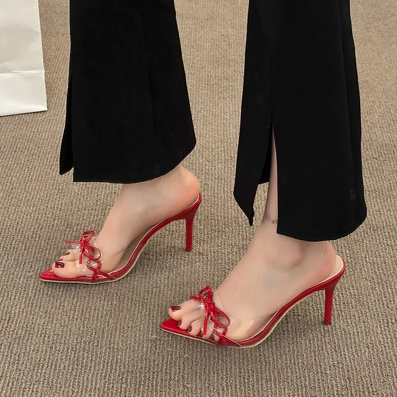 Temperament Heel Shoes Women Fashion Pointed Open Toe Chemical Fiber Transparent Ribbon Butterfly Knot Non-slip Slippers