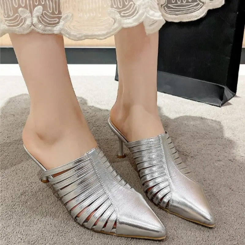 Baotou Fine Heel Slippers Women's Spring and Summer Wear Fashion and Versatile Pointed Toe Woven Hollow High Heels