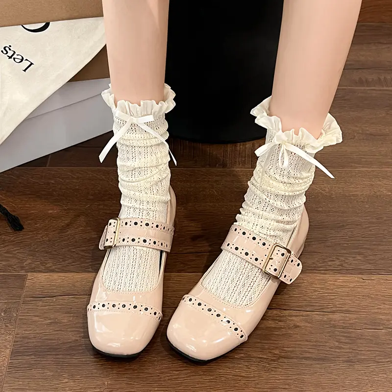 Women's Fashion Thick Heel Shoes Spring New Round Head Shallow Mouth Metal Line with Anti-slip Wear-resistant Heel Shoes